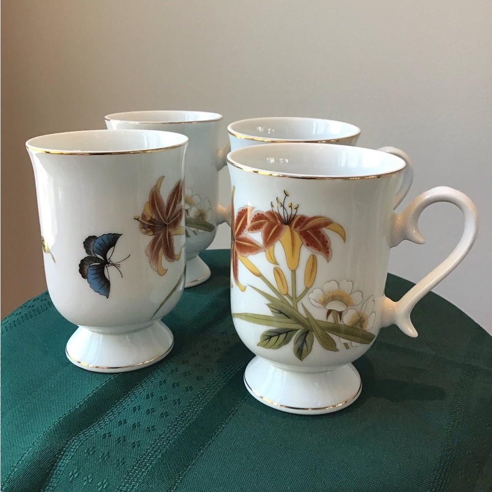 Vintage Shafford‎ Chinese Garden Mug Set Japan Footed Lilly Butterfly Tall